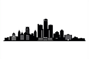 Naklejka premium Black silhouette of Detroit skyline with iconic buildings and dome black and white city