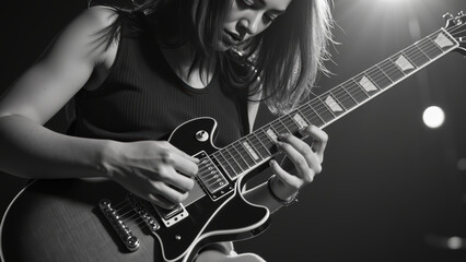 Talented musician passionately plays electric guitar, showcasing skill and dedication in dramatic black and white setting