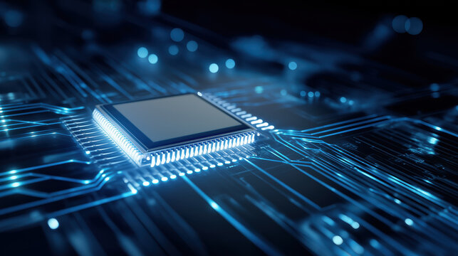 High-detail microchip close-up on motherboard with glowing blue circuit network overlay and dramatic cool lighting