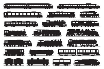 Obraz premium rail transport vector with train silhouettes includes passenger cars freight wagons high-speed and steam locomotive