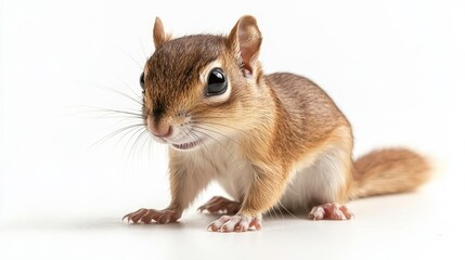 Obraz premium Small brown chipmunk with large dark eyes and delicate whiskers is shown in three quarter view against plain white background