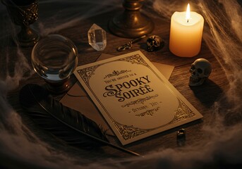 A vintage-style invitation to a spooky soiree, surrounded by mystical objects on a wooden table.