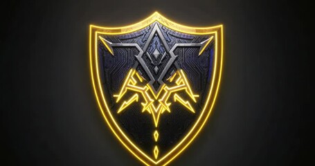 Tracing golden line around medieval shield border in dark gradient, revealing neon circuit pattern - Powered by Adobe