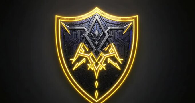 Tracing golden line around medieval shield border in dark gradient, revealing neon circuit pattern