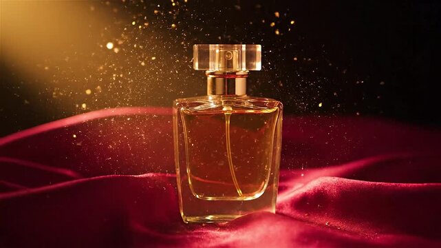 Elegant perfume bottle presented on luxurious red satin with shimmering golden light and bokeh effects, capturing a sophisticated and alluring essence