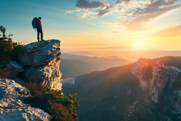 Fototapeta premium Silhouette of adventure seeker on a mountain peak during a vibrant sunset expedition