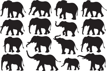 vector elephant silhouette set in grid layout showing walking poses wildlife animal clipart ai eps png jpeg files