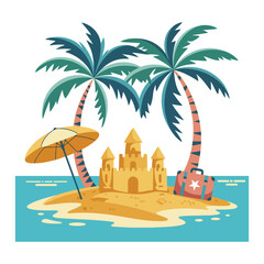 Summer holiday travel background with suitcase sandcastle palm trees and blue ocean