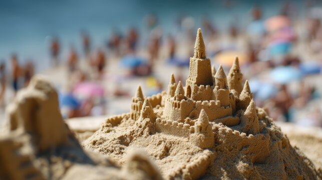 Summer sun illuminating sandcastles on crowded beach