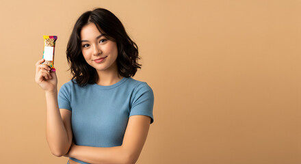 Radiant Woman Displaying Healthy Snack Bar A Nutritious Lifestyle Choice for Wellness and On-the-Go Energy Throughout the Day