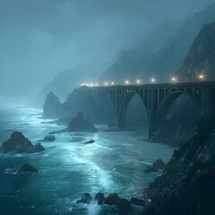 Fototapeta premium Dramatic coastal highway bridge shrouded in atmospheric fog at twilight