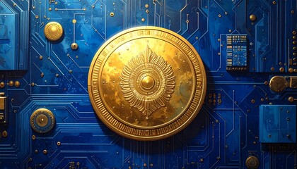A golden coin rests atop a complex network of blue circuit board, showcasing intricate details and a futuristic aesthetic.
