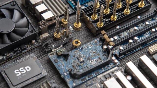 Computer components laid out on a table featuring motherboard ssd and fans