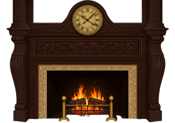 Detailed Illustration Of A Classic Wooden Fireplace With Burning Flames And Golden Accents
