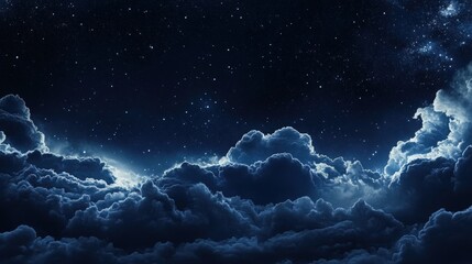 Fototapeta premium A serene night sky filled with twinkling stars, illuminated clouds, and a deep blue atmosphere, evoking a sense of wonder and tranquility.
