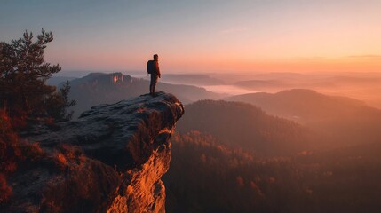 Silhouette of a wanderer embracing scenic mountainous landscape at sunrise adventure