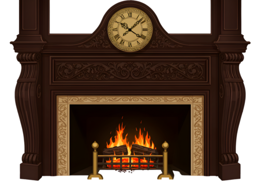 Detailed Illustration Of A Classic Wooden Fireplace With Burning Flames And Golden Accents