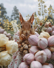 A cute squirrel in classic floral dress holding acorns standing in pastel garden background