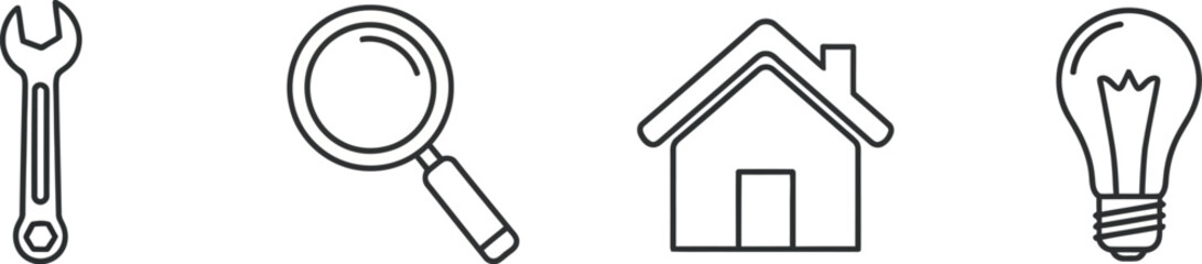 Collection of four simple line icons set including search magnifying glass house and lightbulb silhouette
