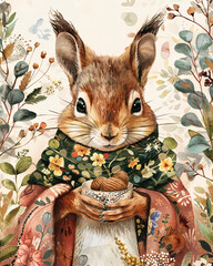 A cute squirrel in classic floral dress holding acorns standing in pastel garden background