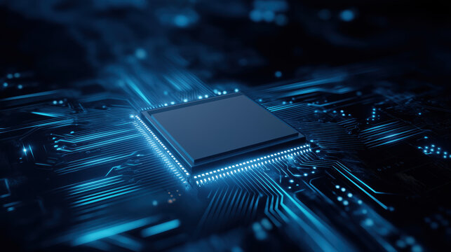 High-detail microchip close-up on motherboard with glowing blue circuit network overlay and dramatic cool lighting