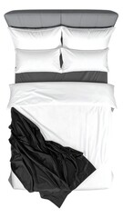 A gray headboard bed, draped with white linens and a folded black throw, is presented in a clean,  setting.