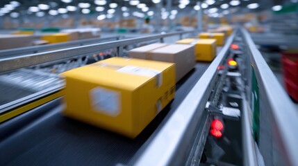 A busy distribution center with conveyor belts moving packages rapidly toward sorting stations