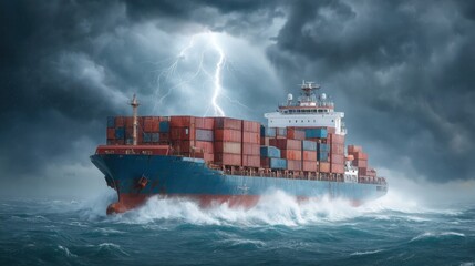 Dramatic Container Ship at Sea during Storm with Dark Clouds and Lightning Illuminating the Sky above the Turbulent Water Waves