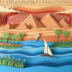 Egyptian Landscape in Paper Cut Style: Pyramids, Nile River, and Hieroglyphs