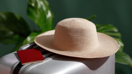 Holiday travel essentials with suitcase, passport, and sun hat