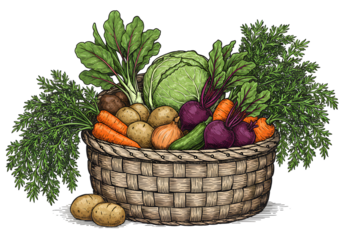 Illustration Of Vegetables In A Woven Basket With Carrots And Potatoes