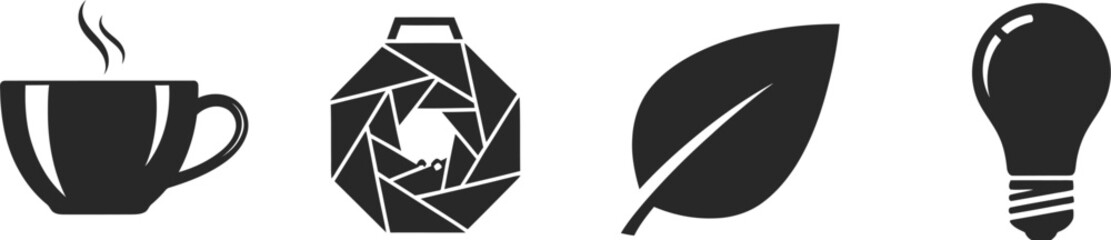 Collection of four dark gray silhouette icons featuring coffee cup apple leaf and lightbulb silhouette
