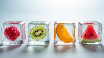 Fresh fruit ice cubes with raspberry, kiwi, cantaloupe, and watermelon create vibrant and refreshing visual