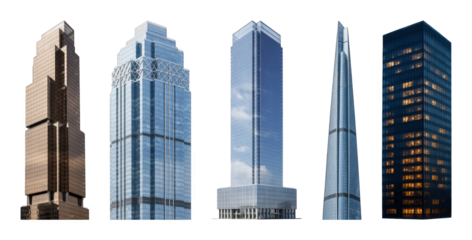 Modern skyscraper set including various architectural styles with glass and steel finishes isolated. Urban design and development elements.