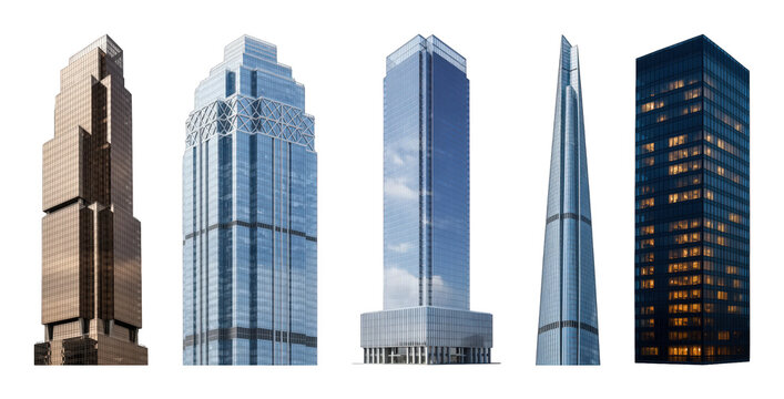 Modern skyscraper set including various architectural styles with glass and steel finishes isolated. Urban design and development elements.