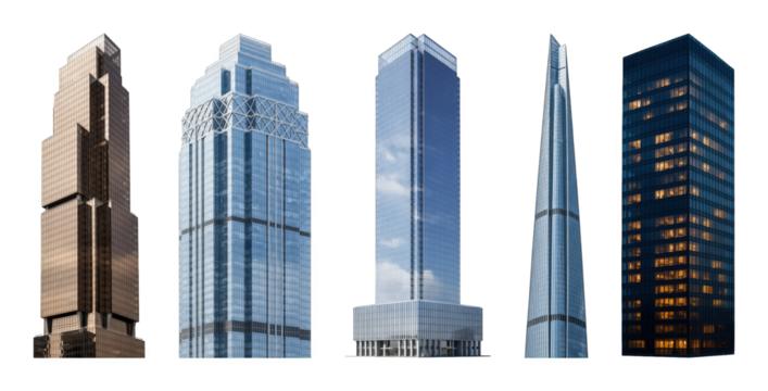 Modern skyscraper set including various architectural styles with glass and steel finishes isolated. Urban design and development elements.