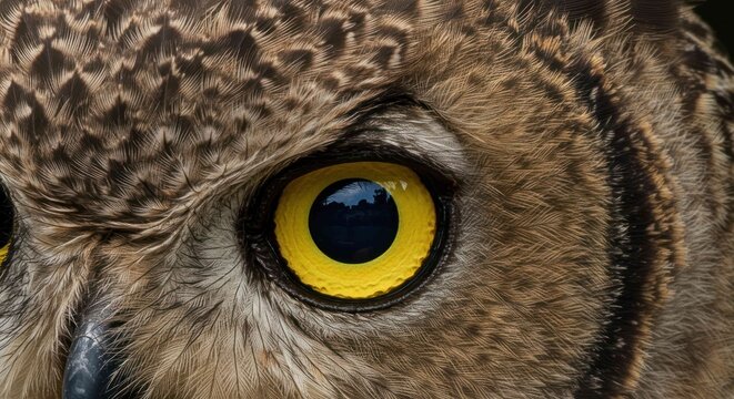 Close-up view of the eye and feathers of a Eurasian eagle-owl. - Powered by Adobe