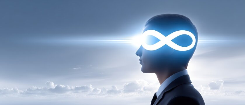 A silhouette of a person with an infinity symbol glowing above their head, representing limitless potential and creativity against a cloudy sky backdrop.