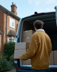 Obraz premium A delivery driver loading packages into the back of a van parked outside a suburban home