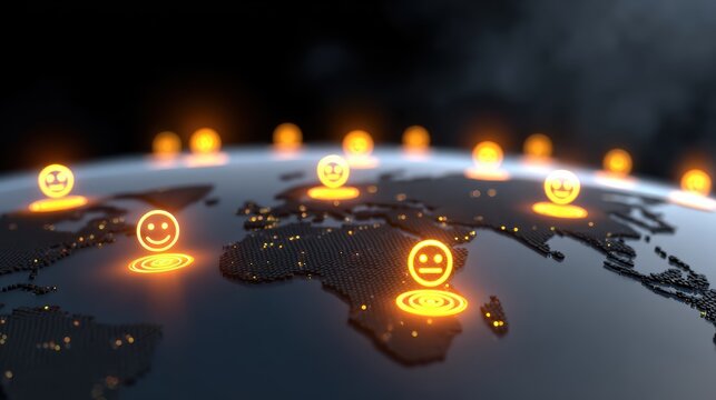 A digital globe highlighted with glowing smiley icons, representing global connectivity and communication through technology.
