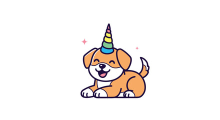 Fototapeta premium Cute little puppy with a rainbow unicorn horn and sparkling stars adorable and playful