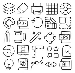 Hand drawn graphic design icons set, doodle creative tools and software symbols including PDF, AI, EPS, color palette, layers, pencil, printer, ruler, magic wand, vector editing illustration