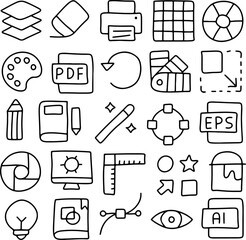 Hand drawn graphic design icons set, doodle creative tools and software symbols including PDF, AI, EPS, color palette, layers, pencil, printer, ruler, magic wand, vector editing illustration