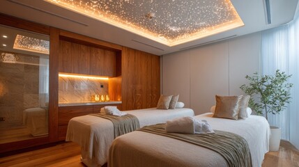 Serene spa treatment room with two massage beds, warm lighting, and a mirrored wall