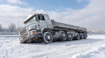 Fototapeta premium Heavy Duty Truck Stuck in Snow on Cold Winter Day in Urban Environment with Blue Sky and Cloudy Weather