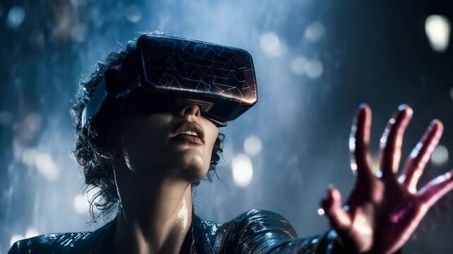 A woman in VR glasses in a futuristic world. Ideal for content about technology, virtual reality and the future.