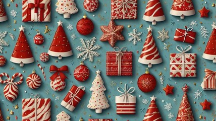 Vibrant 3D Christmas Icons: A Festive Red and White Medley on a Teal Backdrop