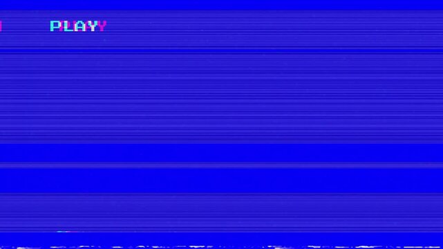 PLAY vhs glitch stripe overlay 4k in blue background