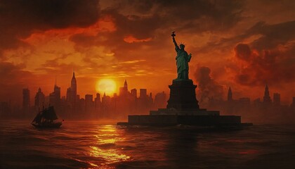 Fototapeta premium The Statue of Liberty stands majestically beside the New York City skyline during a dramatic sunset, with an old sailing ship in the foreground.
