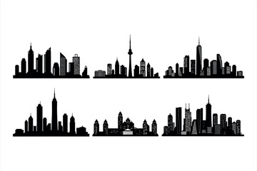 Obraz premium Six black silhouette city skylines with detailed building windows and a tower cityscape urban white